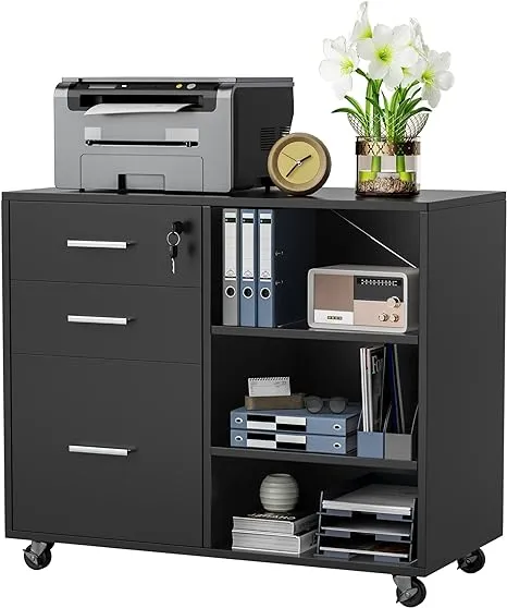 Furniwell Mobile Wood File Cabinet with Lock, 3 Drawer Office Lateral Filing Cabinet Printer Stand with 3 Open Adjustable Storage Shelves for Home Office (Black)