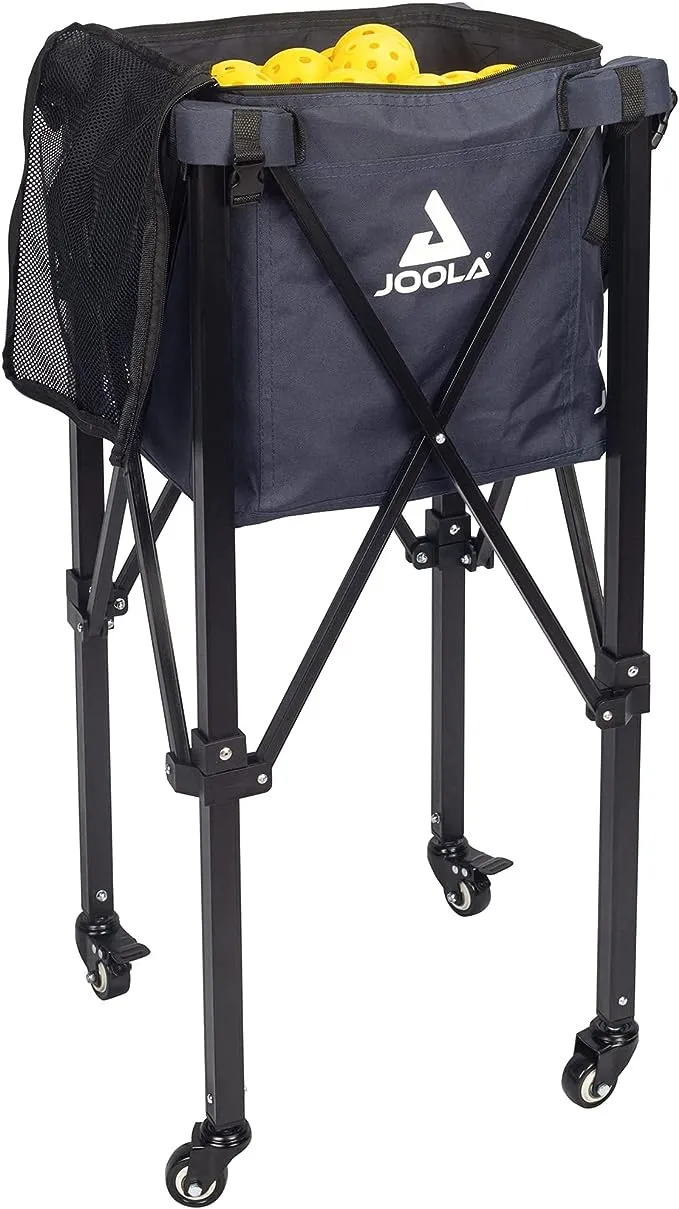 JOOLA Pickleball Ball Caddy - Holds up to 100 Pickleball Balls + 2 Side Pockets - Pickleball Equipment for Practice & Pickleball Machine - Wheeled Cart with Bulk Pickleball Ball Storage Bag,Black