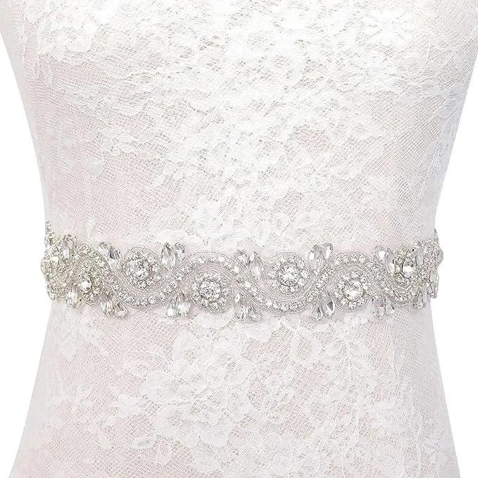 Pardecor Wedding Sash Dress Belt Bridal Rhinestone Belt Crystal Silver Trim Womens Belt Ivory Ribbon for Wedding