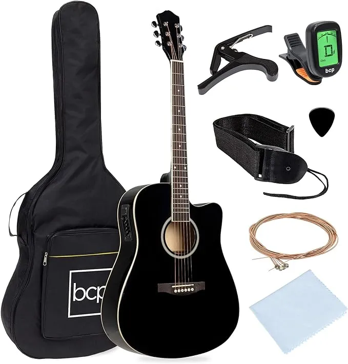 Best Choice Products Beginner Acoustic Electric Guitar Starter Set 41in w/All Wood Cutaway Design, Case, Strap, Picks - Black