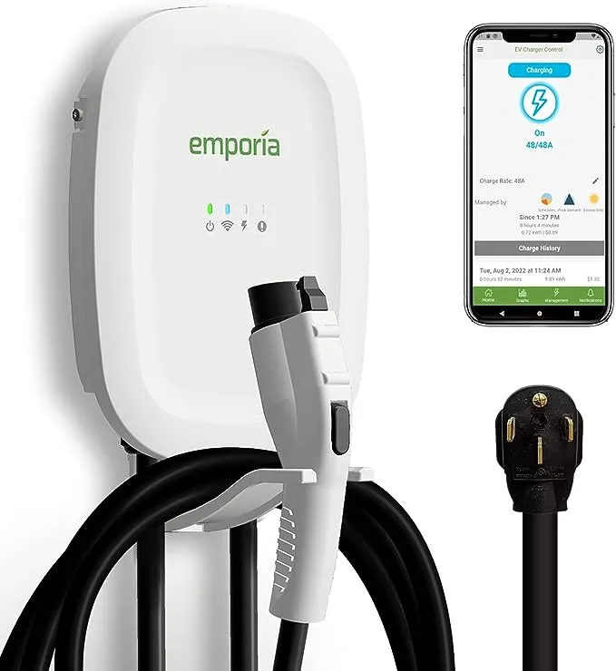 Emporia Level 2 EV Charger 48 Amp / 11.5kW / 240V | Smart WiFi Enabled EVSE | UL Listed/Energy Star | NEMA 14-50 Plug or Hardwired | Indoor/Outdoor | 24-Foot Cable