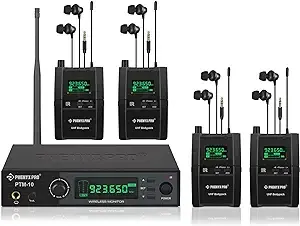 Phenyx Pro Wireless in-Ear Monitor System, Stereo IEM System with Rack Mount Kit, 89 Frequencies, 900MHz UHF Band, 164ft Range, Suitable for Stage & Studio (4 Bodypacks with Transmitter)