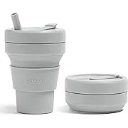 STOJO Collapsible Travel Cup With Straw – Cashmere Gray, 16oz / 470ml - Reusable To-Go Pocket Size Silicone Bottle for Hot and Cold Drinks - Perfect for Camping & Hiking - Microwave & Dishwasher Safe