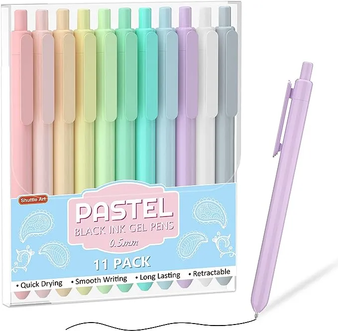 Retractable Pastel Gel Ink Pens, Shuttle Art 11 Pack Black Ink Pens, Cute Pens 0.5mm Fine Point for Writing Journaling Taking Notes School Supplies