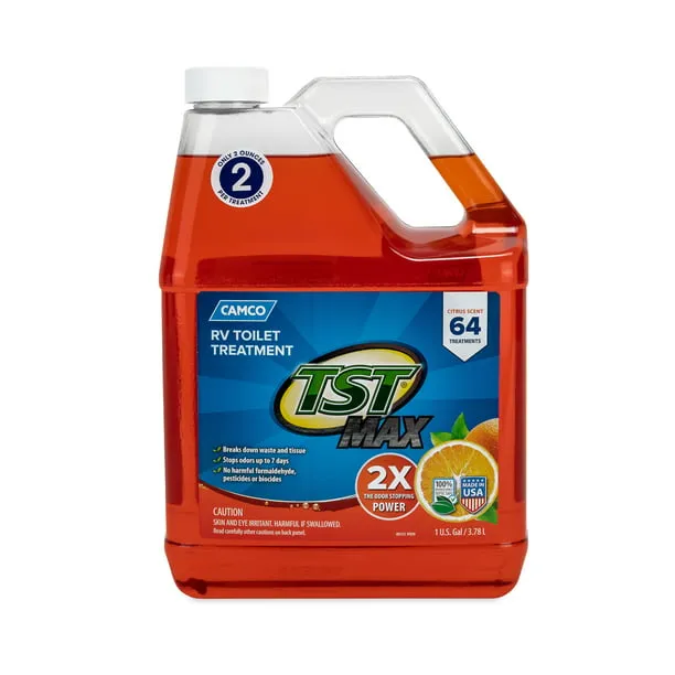 Camco TST MAX RV Toilet Treatment | Features a Biodegradable Septic Safe Formula and Orange Citrus Scent | Ideal for Camping, Boating, and More | 1-Gallon (41197)