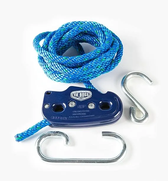 Tie Boss - 3/8 Inch, Heavy Duty, (300 lbs Working Load Limit), Weather Resistant, Tie Down, Rope Tightening System, (w/15 ft Rope) - Blue (Blue)