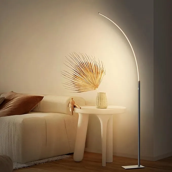 Arc Corner Floor Lamp - 3000K Warm White & 3 Brightness Presets - Curved LED Standing Lamp with Touch Switch - 63" Modern Floor Lamp for Living Room, Bedroom (Silver)