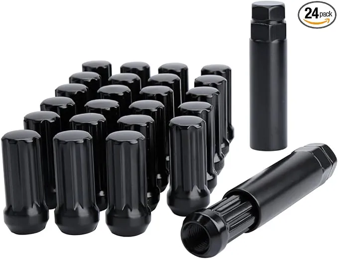 14mmx1.5 Wheel Lug Nuts, 24x Black M14x1.5 Lug Nut, Conical/Cone Bulge Seat, Dynofit Closed End Lug Nuts with 2 Socket Keys for Chevy GMC Ford