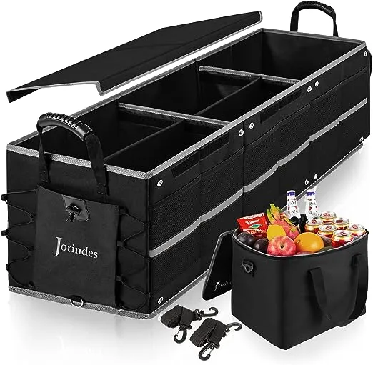 Collapsible Trunk Organizer with Insulated Leak proof Cooler Bag, 3 Compartments 5 in1 Car, SUV Cargo Storage Organizer with Removable Dividers, Foldable Lid, 2 Tie-Down Straps, Black