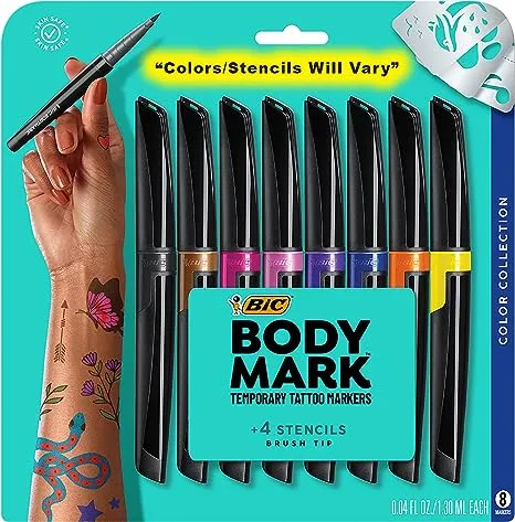 BIC BodyMark Temporary Tattoo Marker, Assorted Colors, 8-Count