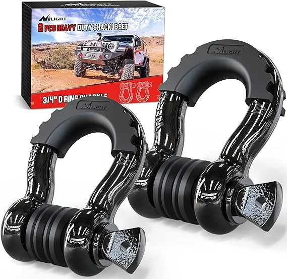 Nilight - 90052B 2 Pack 3/4" D-Ring Shackle 4.75 Ton (9500 Lbs) Capacity with 7/8" Pin Heavy Duty Off Road Recovery Shackle with Isolators & Washer Kit for Jeep Truck Vehicle