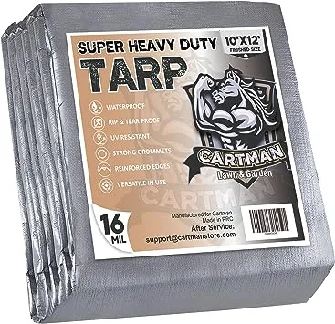 CARTMAN Finished Size 10x12 Feet Extra Thick 16 Mil Ultra Heavy Duty Poly Tarp, Multipurpose Protective Cover, UV Resistant, Waterproof Poly Tarpaulin with Reinforced Edges