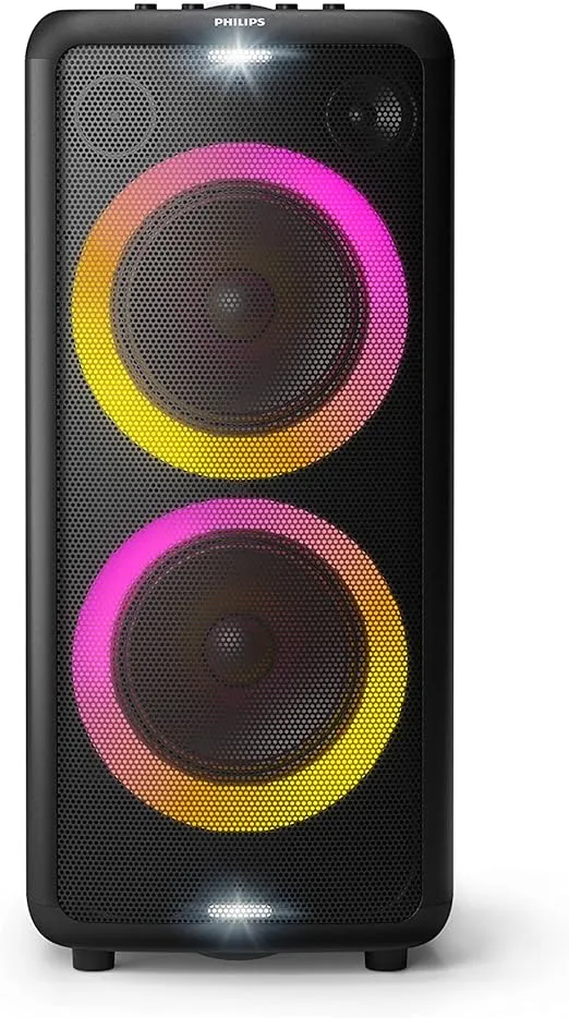 Philips X5206 bluetooth party speaker, portable with wheels, exciting light show, karaoke machine with microphone and Guitar Input, powerful bass & subwoofer, long playtime, perfect for outdoor events