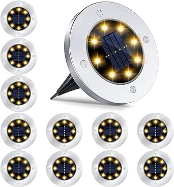 12 Pack 8LED Solar Garden Lights Outdoor Waterproof Sidewalk Disk Bright In-Ground Landscape Lighting for Lawn Patio Pathway Yard Steps Deck Walkway (Warm White) (12 Packs)