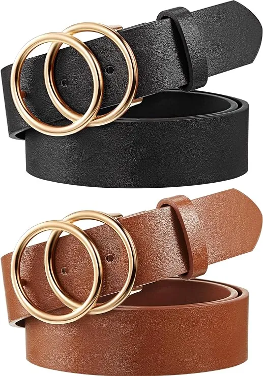 Syhood 2 Pack Women's Leather Belts for Jeans Dresses Fashion Ladies Belt with Gold Double Ring Buckle Brown Black