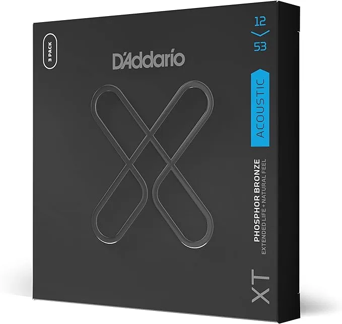 D'Addario Guitar Strings - XT Phosphor Bronze Coated Acoustic Guitar Strings - XTAPB1253-3P - Extended String Life with Natural Tone & Feel - For 6 String Guitars - 12-53 Light, 3-Pack