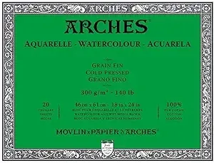 Arches Watercolor Block 18x24-inch Natural White 100% Cotton Paper - 20 Sheets of Arches Watercolor Paper 140 lb Cold Press - Arches Art Paper for Watercolor Gouache Ink Acrylic and More