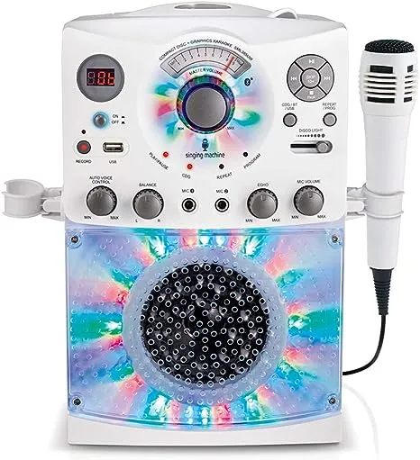 Singing Machine Portable Karaoke Machine for Adults & Kids with Wired Microphone, White - Built-In Karaoke Speaker, Bluetooth with LED Disco Lights - Karaoke System with CD+G Player & USB Connectivity