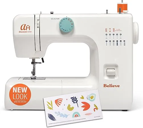 The Believe Beginner Sewing Machine by American Home Makes Sewing for Beginners Easy on Portable Small Sewing Machine with 12 Built-In Stitches, Automatic Stitch Control Plus Fun Decals, AH600