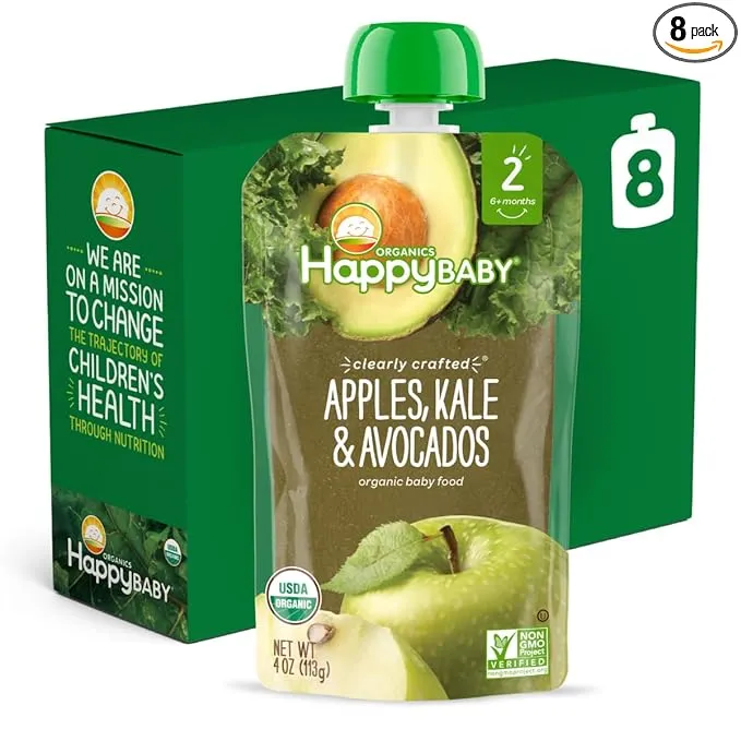 Happy Baby Organics Clearly Crafted Stage 2 Baby Food, Apples, Kale and Avocadoes, 4 Ounce (8 Count) 