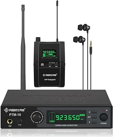 Phenyx Pro UHF Stereo Wireless in Ear Monitor System, Wireless IEM, 900MHz Band Selectable Frequency, Rack Mountable, 160 ft. Operation, Ideal for Stage, Studio, Exhibit, Lecture, Speech (PTM-10)