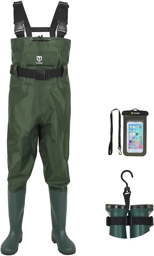 TIDEWE Bootfoot Chest Wader, 2-Ply Nylon/PVC Waterproof Fishing & Hunting Waders with Boot Hanger for Men and Women Green Size 13, Men's