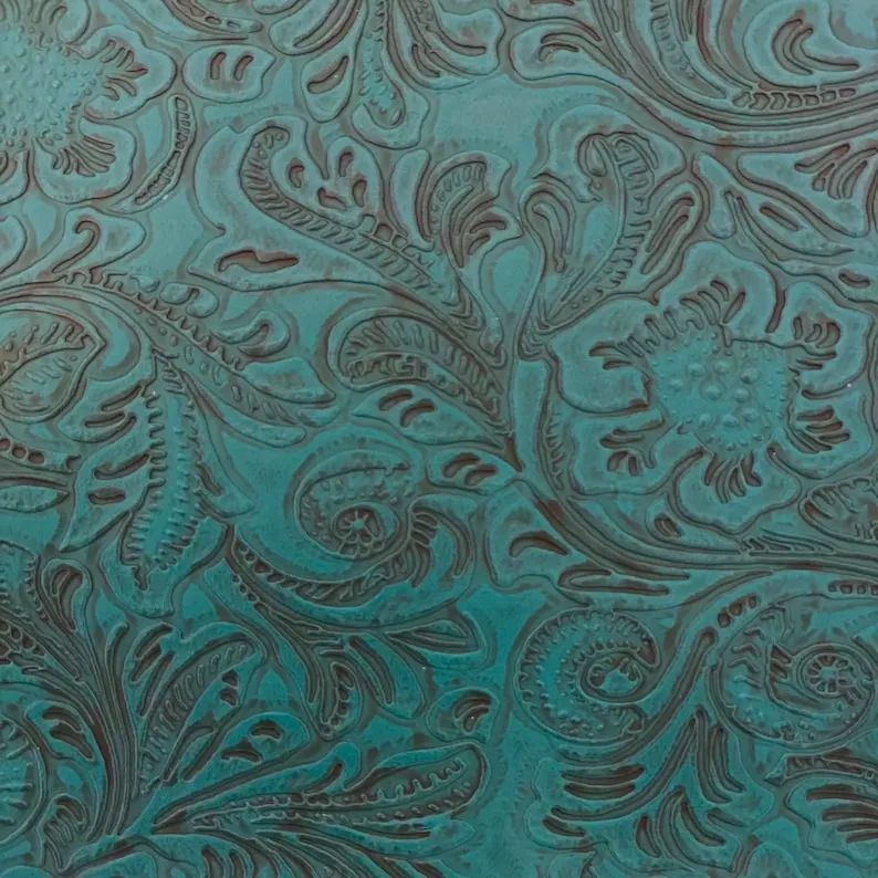 Turquoise Blue Western Floral PU Faux Leather Vinyl Fabric - Sold by The Yard - 56"