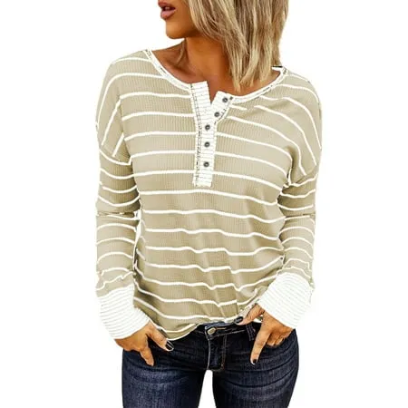 Chase Secret Women s Long Sleeve Striped Button Up Blouses Tops Waffle Casual Crew Neck Tunic Shirts Petite