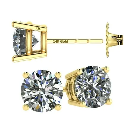 Central Diamond Center 14K Solid Gold Post & Sterling Silver 4 Prong CZ Stud Earrings - Yellow Gold Plated - 5.50mm - 1.50cttw