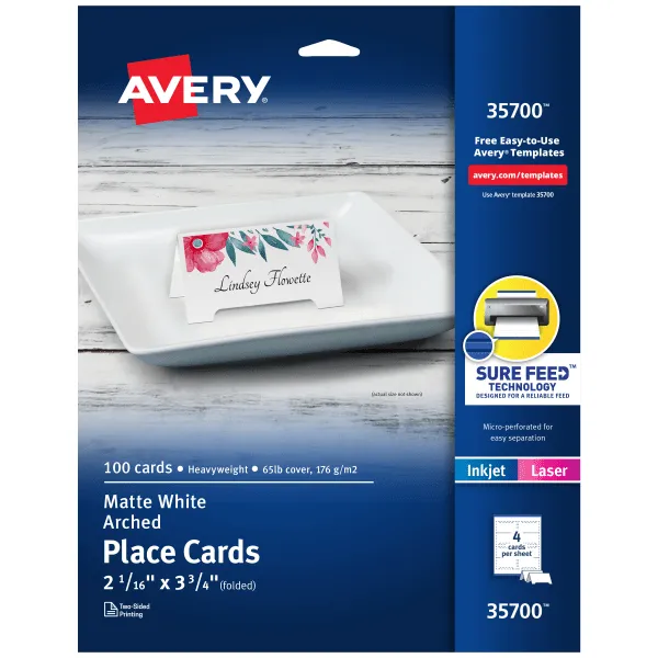 Avery® Printable Arched Tent Cards With Sure Feed® Technology, 65 lb, 2-1/16" x 3-3/4", White, 100 Blank Place Cards