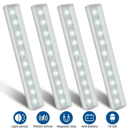 Motion Sensor Closet Lights 10 LED Motion Sensor Lights Stick-on Anywhere Wireless Battery Operated Night Light Bar Safe Lights for Closet Cabinet Wardrobe Stairs 4 Pack