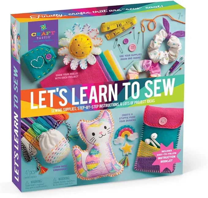 Craft-tastic Learn to Sew Kit – 7 Fun Projects and Reusable Materials to Teach Basic Sewing Stitches, Embroidery & More--Ages 7+