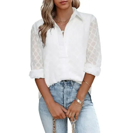 Dokotoo Women s White Blouses Solid Color Button Down Casual Loose Long Sleeve Shirt Tops Size Large US 12-14