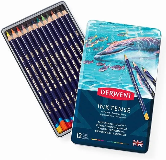 Derwent Inktense Pencils Tin, Set of 12, Great for Holiday Gifts, 4mm Round Core, Firm Texture, Watersoluble, Ideal for Watercolor, Drawing, Coloring and Painting on Paper and Fabric (0700928)