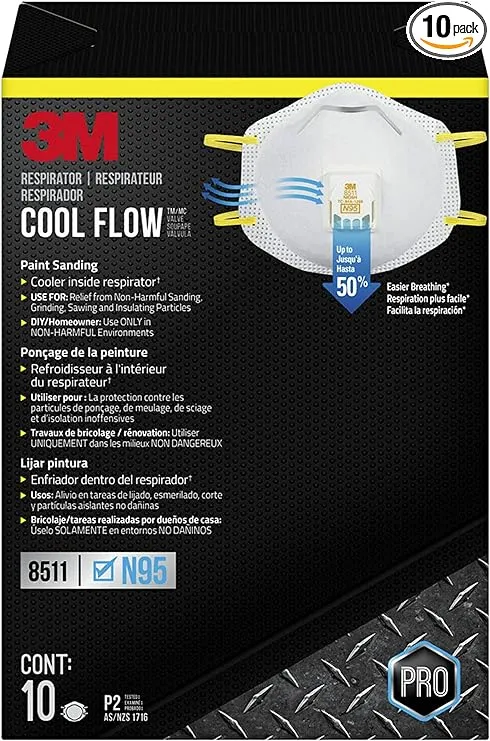 3M 8511 Drywall Sanding Valved Disposable N95 Respirator, Lightweight Convenient Design, 10 Pack