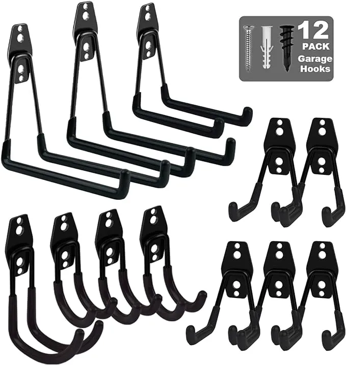 Garage Hooks Heavy Duty 12 Pack, Steel Garage Storage Hooks, Tool Hangers for Garage Wall Utility Wall Mount Garage Hooks and Hangers with Anti-slip Coating for Garden Tools, Ladders, Bulky ItemsGarage Hooks Heavy Duty 12 Pack, Steel Garage Storage…