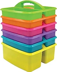 Teacher Created Resources Assorted Bright Colors Portable Plastic Storage Caddy 6-Pack for Classrooms, Kids Room, and Office Organization, (Lime, Orange, Pink, Purple, Teal, and Yellow) 3 Compartment