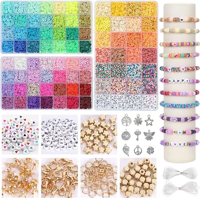 QUEFE 9900pcs Clay Beads Kit, 80 Colors Heishi Flat Polymer Clay Beads with Pendant Charms and Letter Beads, Crafts for Earrings Bracelets Necklace Making