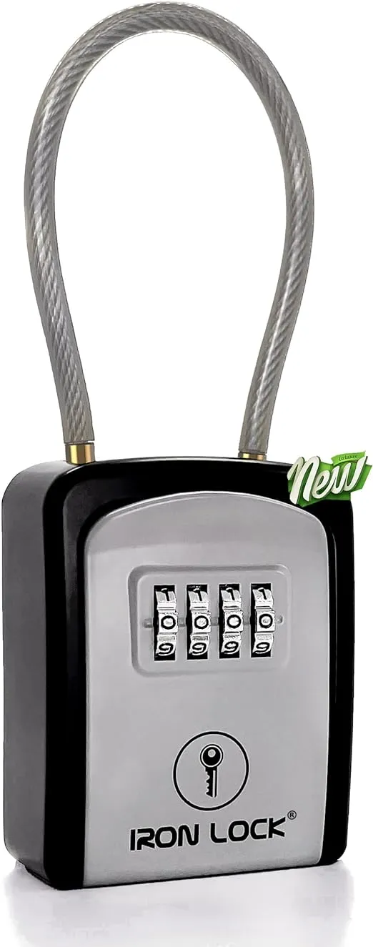 Iron Lock - Key Lock Box Portable with Removable Cable Shackle Indoor Outdoor Waterproof 4 Digit Combination with Resettable Code with A B Switch