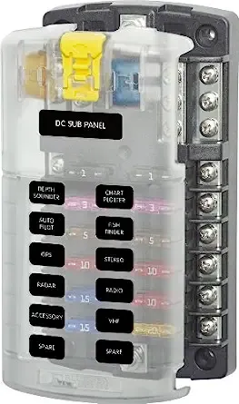 Blue Sea Systems ST Blade Fuse Block 12 Circuit with Ground and Cover, 5026