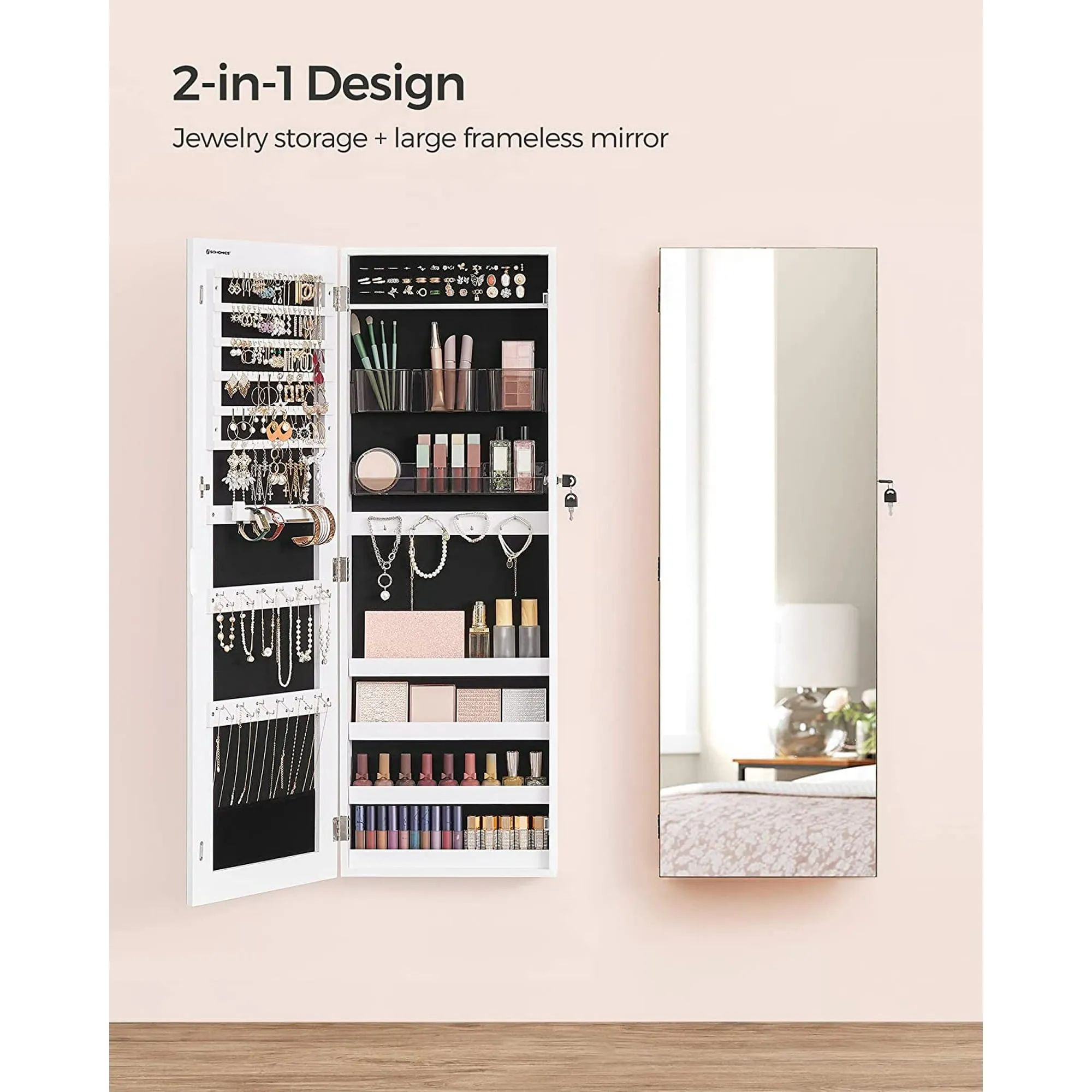 SONGMICS Jewelry Cabinet Armoire, Lockable Wall-Mounted Organizer Unit with 2 Plastic Cosmetic Storage Trays, Full-Length Frameless Mirror, White UJJC001W01