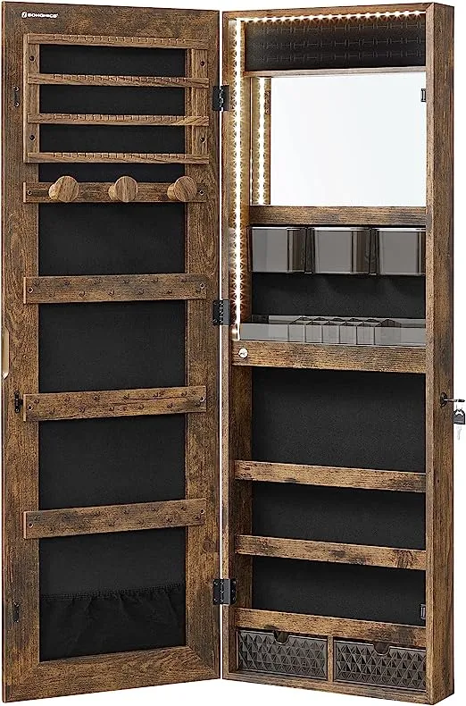 Hanging Jewelry Cabinet Armoire With Built-In Mirror And Led Lights Black