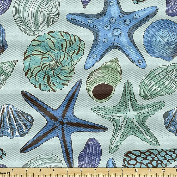 Ambesonne Starfish Fabric by The Yard, Aquarium Inspired Composition Tropical Seashells and Scallops Cockles and Clams, Decorative Fabric for Upholstery and Home Accents, 1 Yard, Blue Seafoam