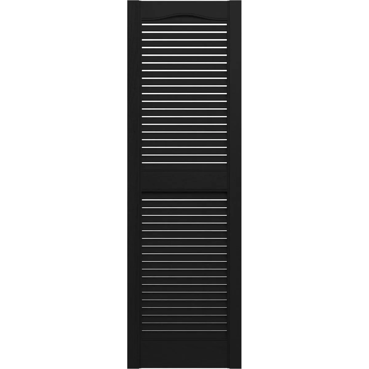 Lifetime Vinyl, Standard Cathedral Top Center Mullion, Open Louver Shutters, w/Instl (Pair) - Black - 14 1/2"W x 36"H