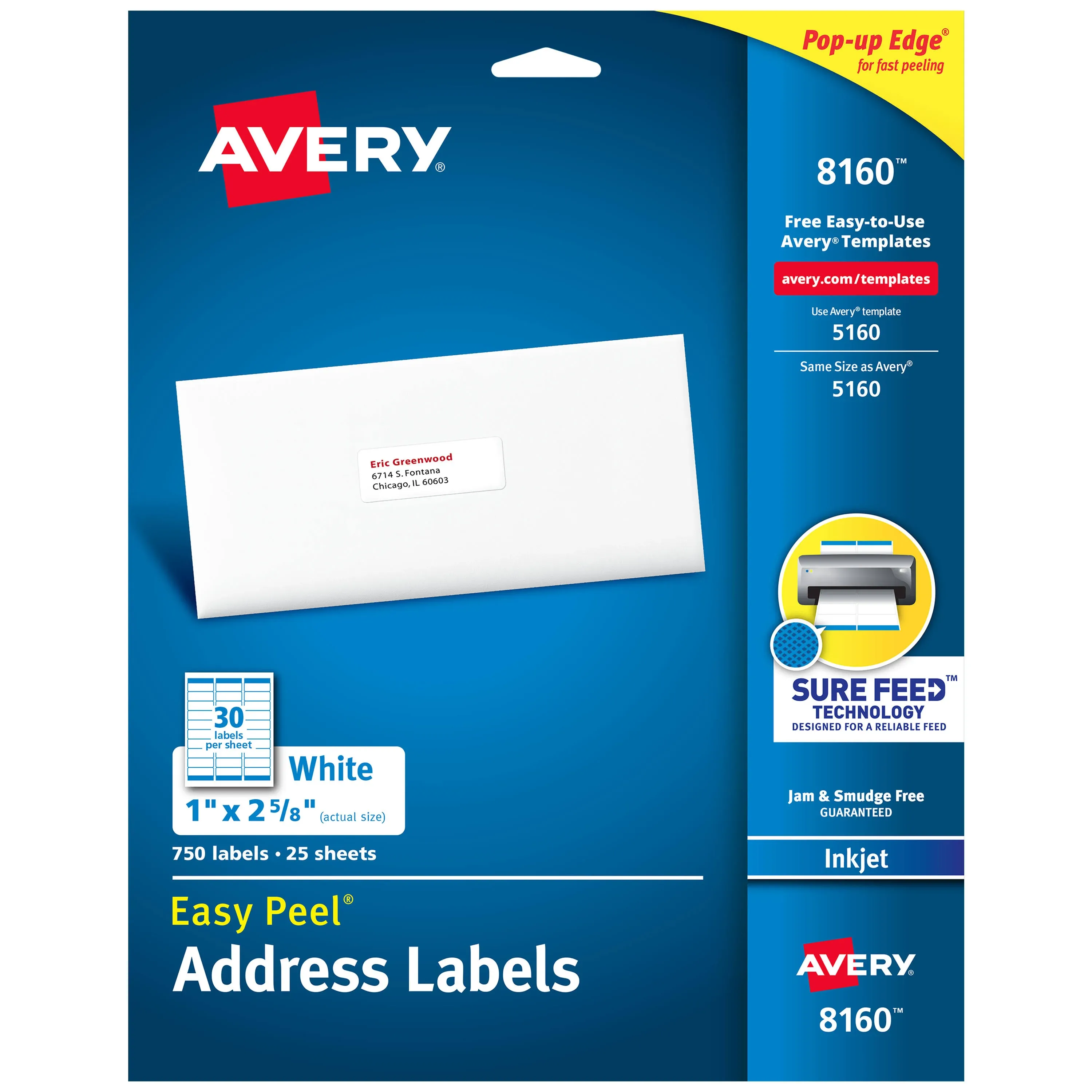 Avery Easy Peel Inkjet Address Labels 1&#034; x 2 5/8&#034; White 30/Sheet 415489