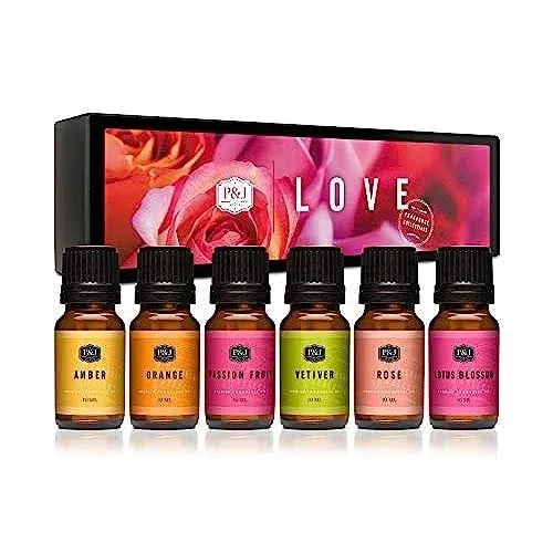 P&J Fragrance Oil Love Set | Rose, Amber, Lotus Blossom, Passion Fruit, Vetiver, Orange Candle Scents for Candle Making, Freshie Scents, Soap Making Supplies, Diffuser Oil Scents