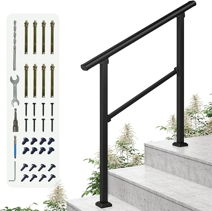 LOVMOR 3 Step Hand Rails for Outdoor Steps, Wrought Iron Railing, Exterior Hand Railing for Steps, Porch Railing Kit (2-3 Steps Handrail)