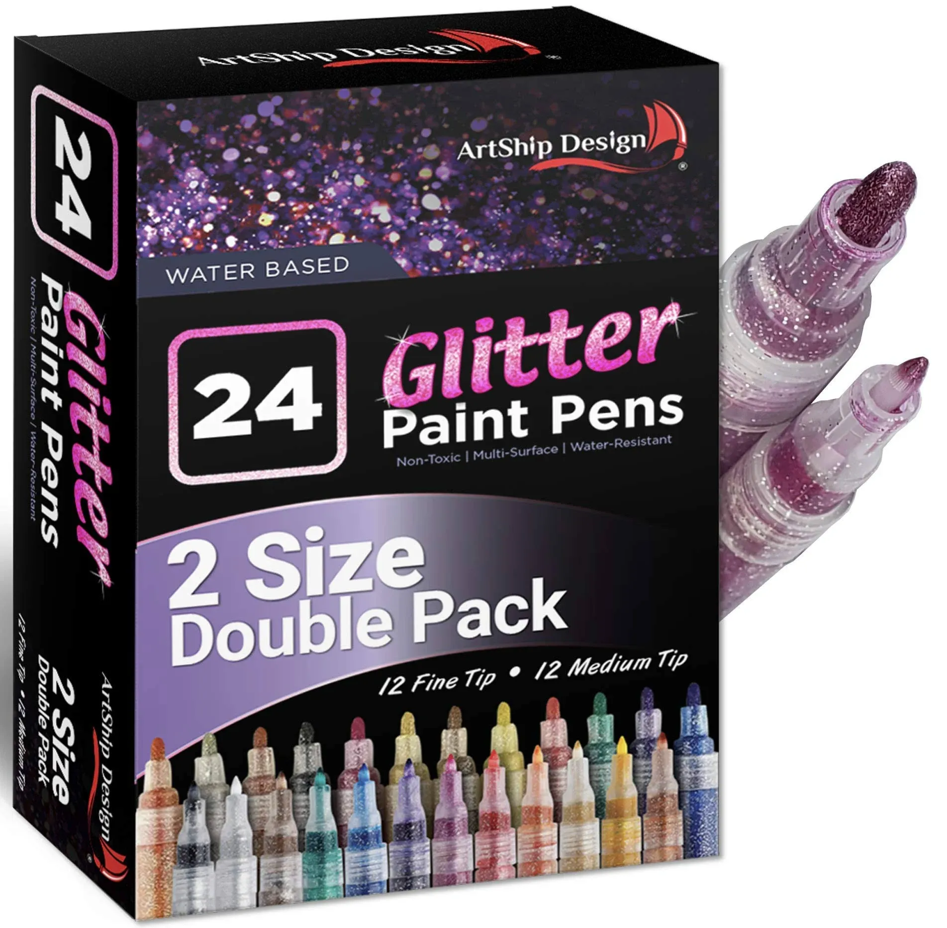 24 Glitter Paint Pens, Double Pack of Both Extra Fine and Medium Tip Paint Ma...