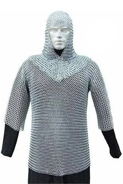 Medieval Chain Mail Shirt with Coif Armor Set Aluminum Butted 