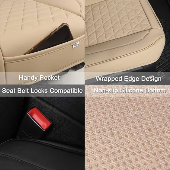 Black Panther 1 Pair Luxury Faux Leather Car Seat Covers Front Bottom Seat Cushion Covers, Anti-Slip and Wrap Around The Bottom, Fit 95% of Vehicles - Beige